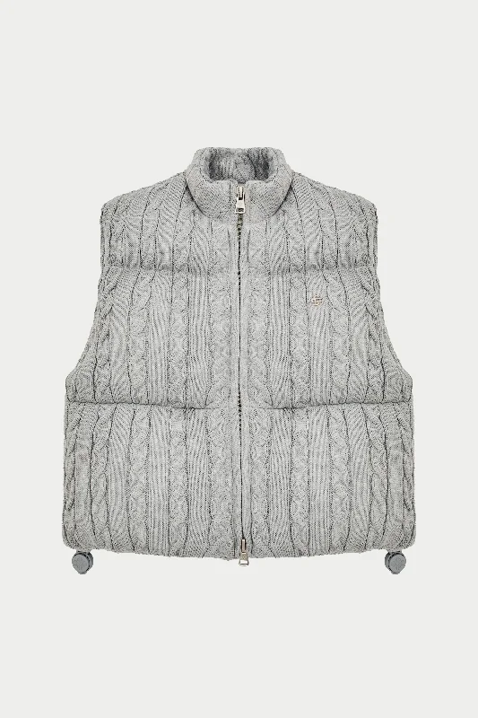 Embroidered women's cotton coats in a bohemian pattern for a unique designCABLE KNITTED GILET - GREY MARL Embroidered women's cotton coats in a bohemian pattern for a unique designCABLE KNITTED GILET - GREY MARL