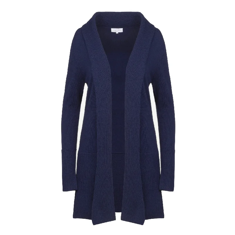 cable knit women cardigan with intricate patternsLong Cashmere Cardigan in Navy