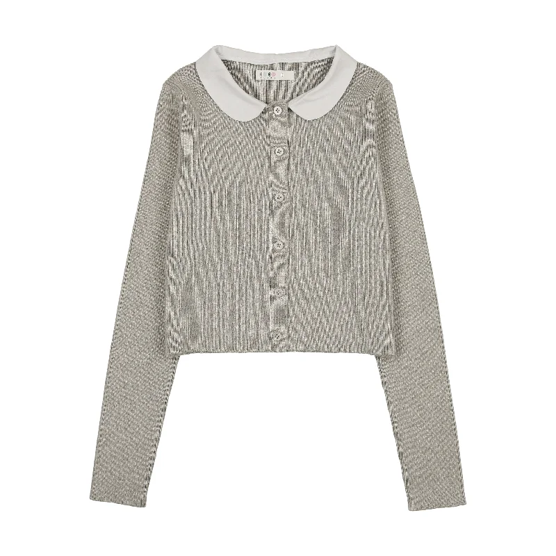 cropped women cardigan to pair with high - waisted jeansCoco Blanc Light Grey Peter Pan Knit Ribbed Cardigan