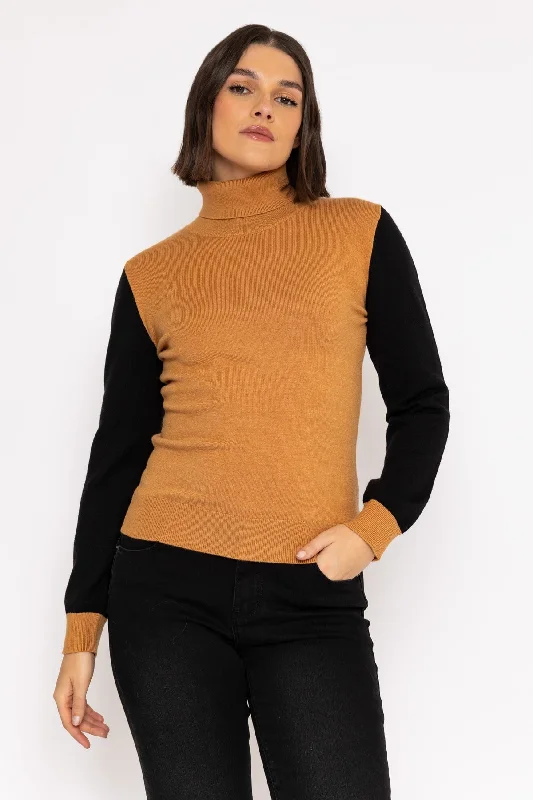 plus size women cardigan for comfortable layeringColour Block Roll Neck in Camel