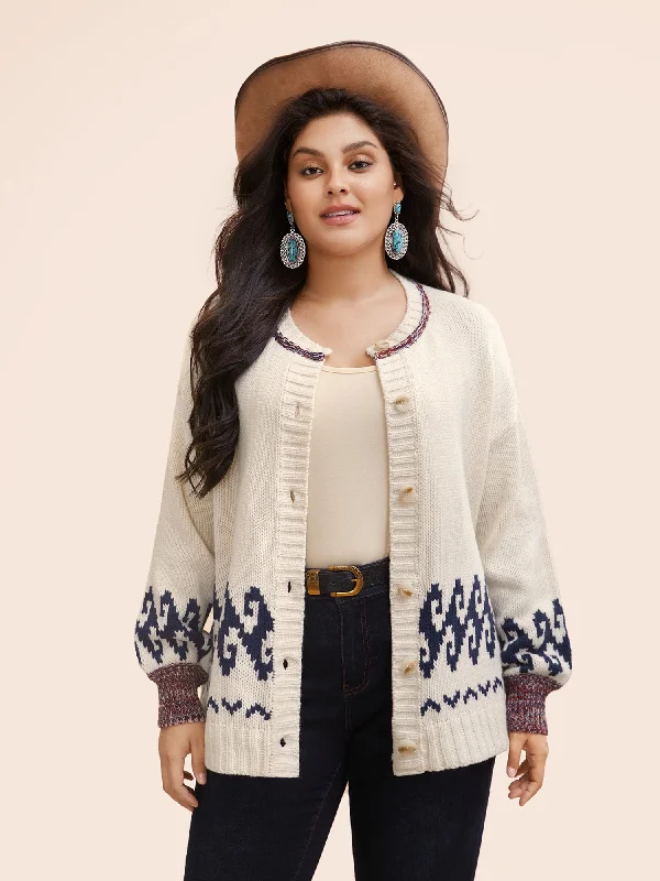 long length women cardigan with side slitsFair Isle Balloon Sleeve Crew Neck Cardigan long length women cardigan with side slitsFair Isle Balloon Sleeve Crew Neck Cardigan