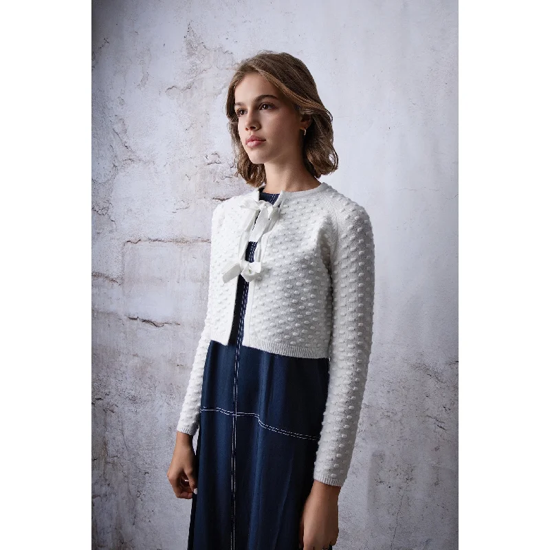 color block women cardigan with bold huesHev Cream Bow Tie Cardigan (HKN540)
