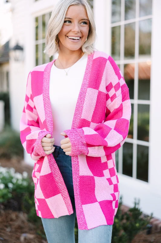 long length women cardigan with side slitsMake Your Day Hot Pink Checkered Cardigan