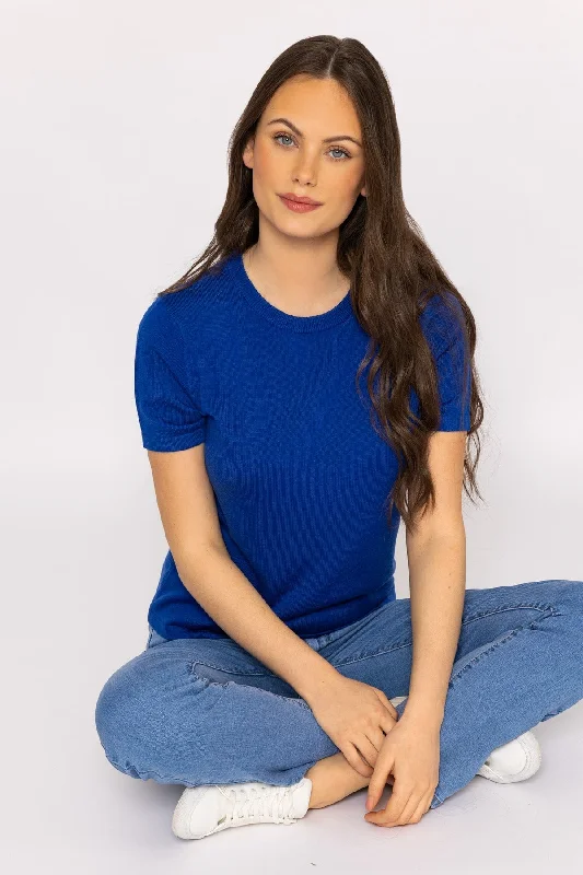 color block women cardigan with bold huesMerino Short Sleeve Crew in Cobalt