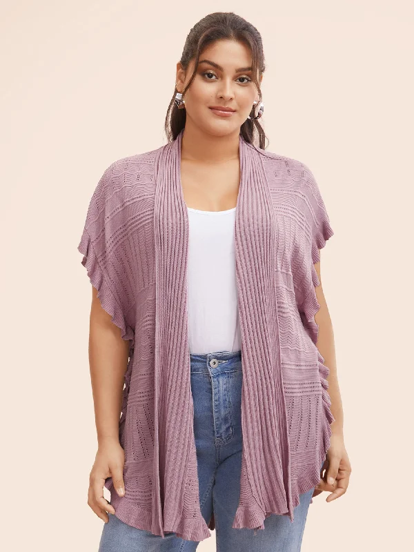 plus size women cardigan for comfortable layeringPlain Textured Patchwork Ruffle Trim Cardigan plus size women cardigan for comfortable layeringPlain Textured Patchwork Ruffle Trim Cardigan