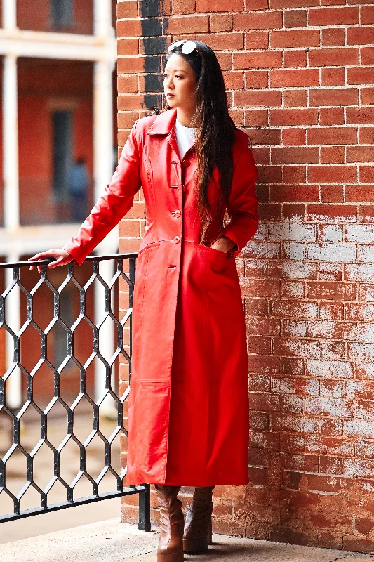 Women's pea coats with brass buttons for a nautical - inspired styleThe Great Coat in Lipstick Red Leather Women's pea coats with brass buttons for a nautical - inspired styleThe Great Coat in Lipstick Red Leather