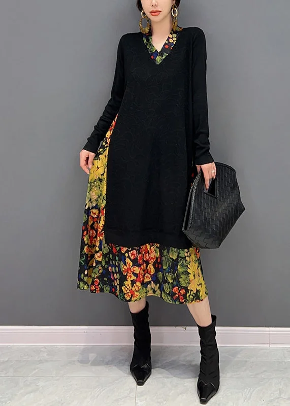 Plus Size Women's Tunic - Style Sweater Dresses with PocketsArt Black V Neck Print Patchwork Fake Two Pieces Knit Dresses Fall Plus Size Women's Tunic - Style Sweater Dresses with PocketsArt Black V Neck Print Patchwork Fake Two Pieces Knit Dresses Fall