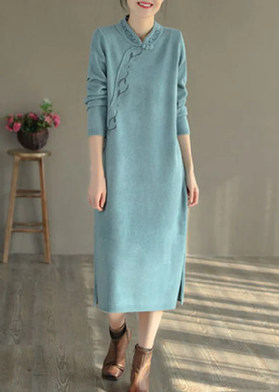 Sleeveless Women's Silk Blend Sweater Dresses for a Sophisticated LookBlue Oriental Long Knit Dress Embroideried Side Open Winter Sleeveless Women's Silk Blend Sweater Dresses for a Sophisticated LookBlue Oriental Long Knit Dress Embroideried Side Open Winter