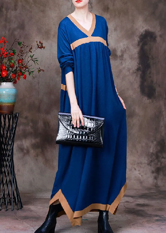 Knee - Length Women's Wool Blend Sweater Dresses in Neutral ColorsBlue Patchwork Knit Vacation Dresses Asymmetrical Long Sleeve Knee - Length Women's Wool Blend Sweater Dresses in Neutral ColorsBlue Patchwork Knit Vacation Dresses Asymmetrical Long Sleeve
