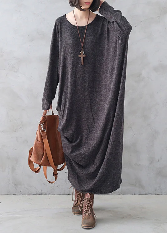 Plus Size Women's Long Sleeve Cable Knit Sweater DressesBohemian Dark Grey O-Neck Asymmetrical Wool Knit Maxi Sweater Dress Fall Plus Size Women's Long Sleeve Cable Knit Sweater DressesBohemian Dark Grey O-Neck Asymmetrical Wool Knit Maxi Sweater Dress Fall