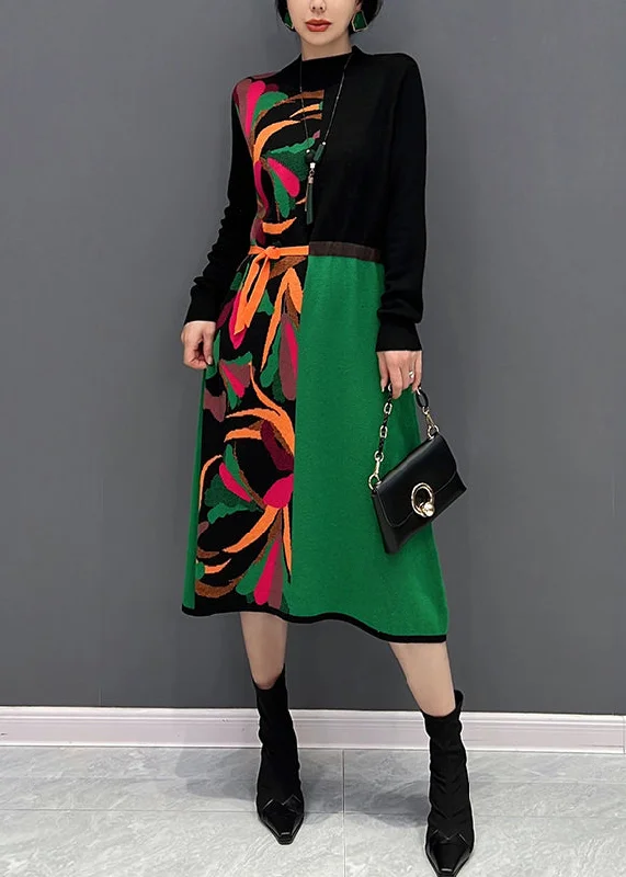 Plus Size Women's Turtleneck Sweater Dresses with Side SlitsBoutique Green O-Neck Print Patchwork Tie Waist Knit Long Dress Fall Plus Size Women's Turtleneck Sweater Dresses with Side SlitsBoutique Green O-Neck Print Patchwork Tie Waist Knit Long Dress Fall