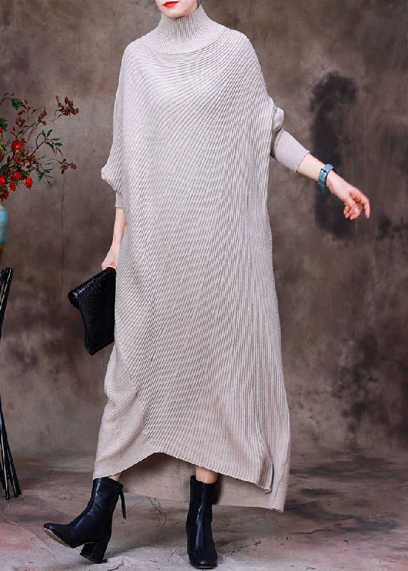 Knee - Length Women's Wool Blend Sweater Dresses in Neutral ColorsCasual Apricot Turtleneck Low High Design Woolen Knit Ankle Sweater Dress Long Sleeve Knee - Length Women's Wool Blend Sweater Dresses in Neutral ColorsCasual Apricot Turtleneck Low High Design Woolen Knit Ankle Sweater Dress Long Sleeve