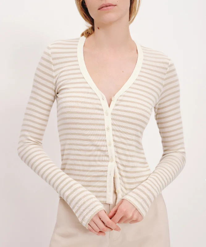 Embroidered Women T Shirt with Intricate DetailsModal Rib Stripe Long Sleeve Cardigan Top - Chalk-Morning Mist Embroidered Women T Shirt with Intricate DetailsModal Rib Stripe Long Sleeve Cardigan Top - Chalk-Morning Mist
