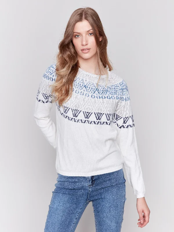 High - Low Hem Women's Cashmere - Blended SweatersCotton Blend Ski Sweater - Ecru