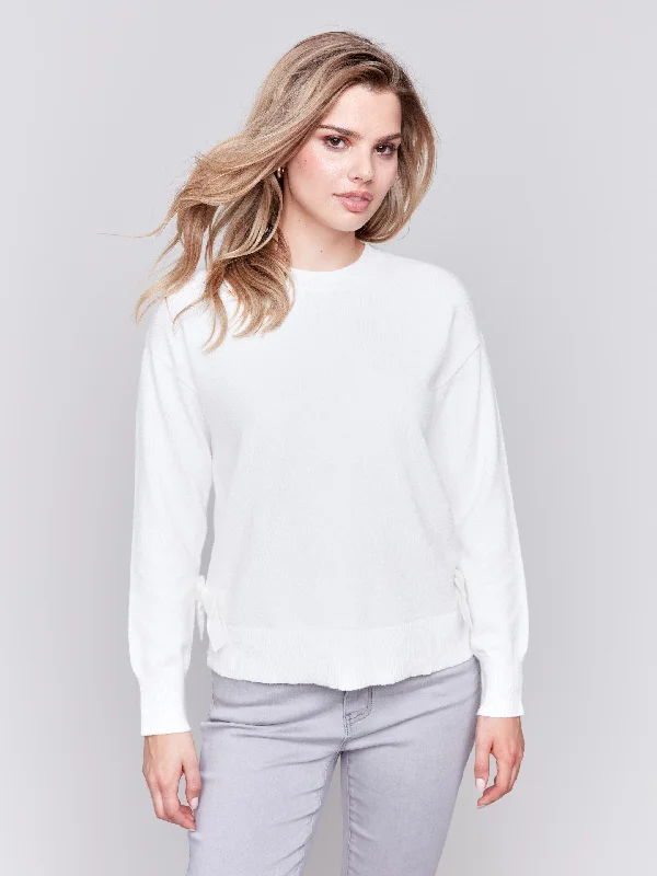 Hooded Women's Fleece - Lined Sweaters for WinterCrew Neck Sweater with Side Bows - Cream Hooded Women's Fleece - Lined Sweaters for WinterCrew Neck Sweater with Side Bows - Cream
