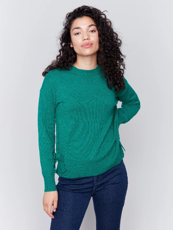 Plus Size Women's Belted Cable Knit SweatersCrew Neck Sweater with Side Bows - Forest Plus Size Women's Belted Cable Knit SweatersCrew Neck Sweater with Side Bows - Forest
