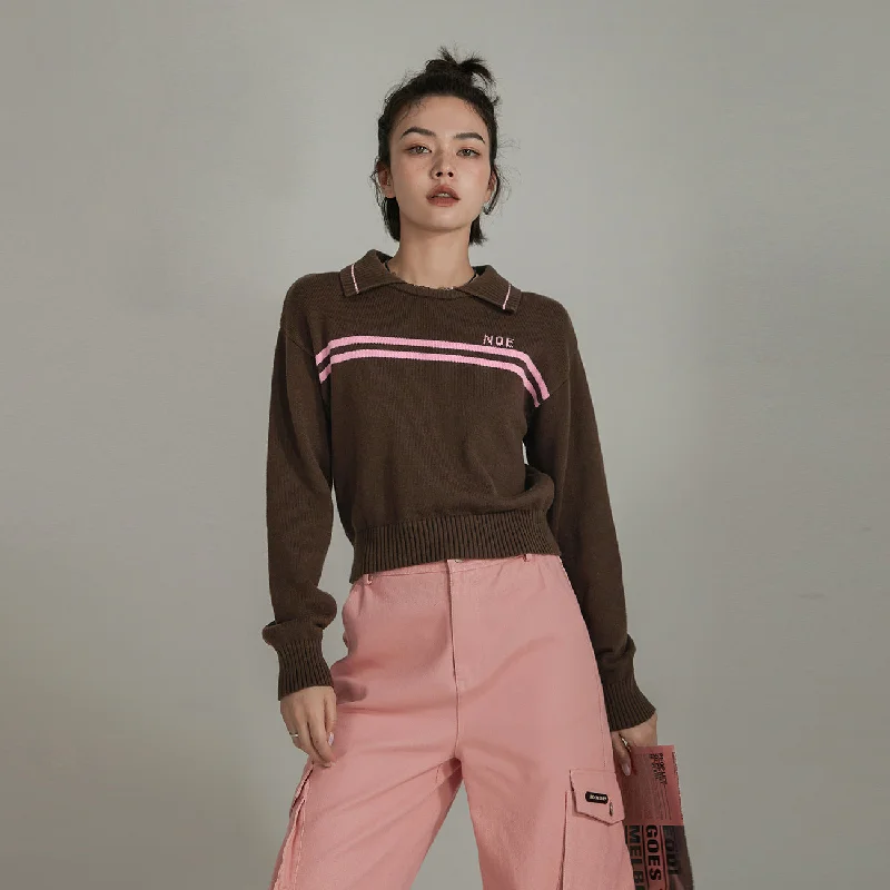 V - Neck Women's Ribbed Wool Sweaters for FallCollar Line Knit Sweater