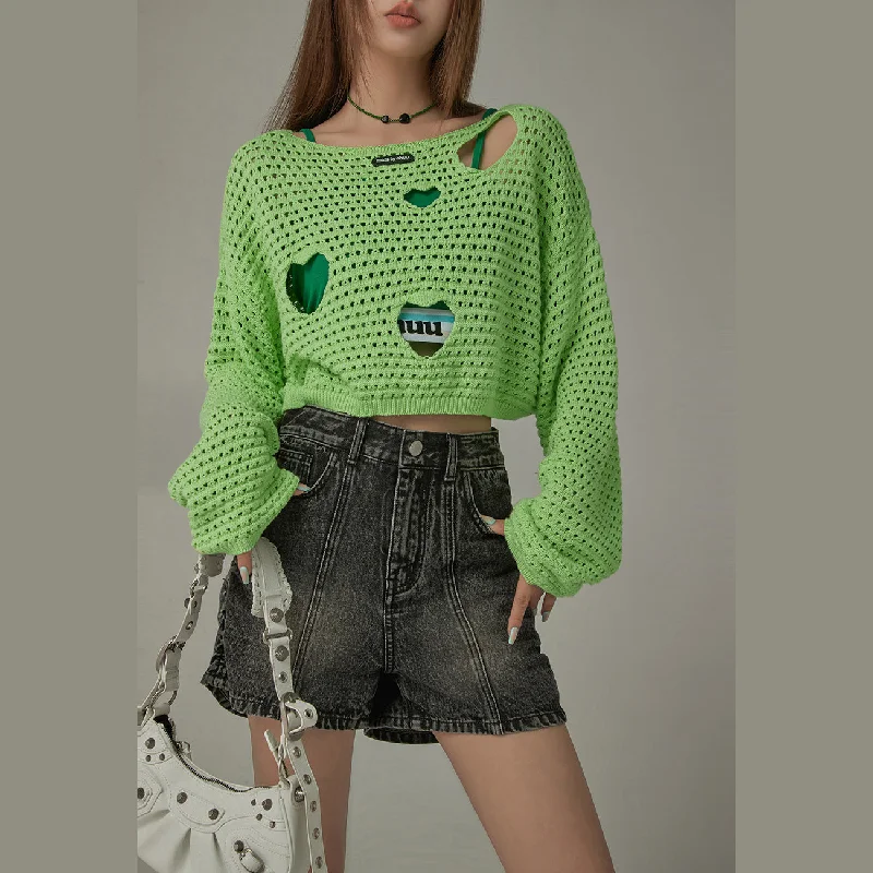 Mock Neck Women's Alpaca Wool Sweaters in Earth TonesHeart Cutout Long Sleeve Crop Knit Sweater