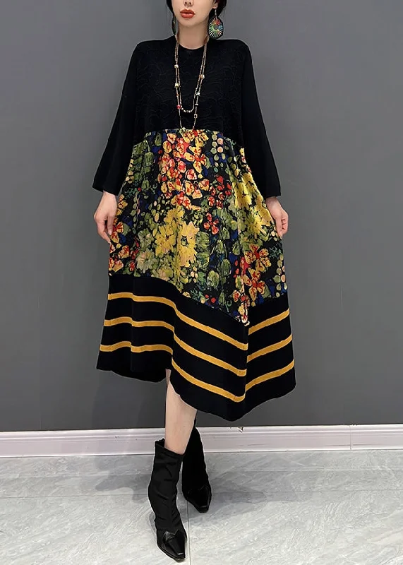 Midi - Length Women's Shetland Wool Sweater Dresses in Traditional PatternsDIY Black O-Neck Print Striped Patchwork Knit Long Dresses Fall Midi - Length Women's Shetland Wool Sweater Dresses in Traditional PatternsDIY Black O-Neck Print Striped Patchwork Knit Long Dresses Fall