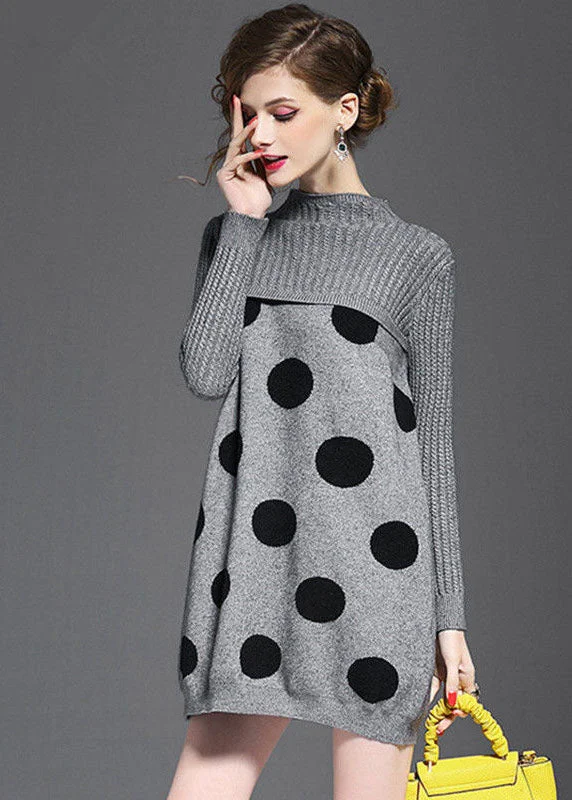 Mini - Length Women's Chunky Knit Sweater Dresses in Bold HuesDIY Grey Turtle Neck Dot Print Long Knit Dress Long Sleeve Mini - Length Women's Chunky Knit Sweater Dresses in Bold HuesDIY Grey Turtle Neck Dot Print Long Knit Dress Long Sleeve