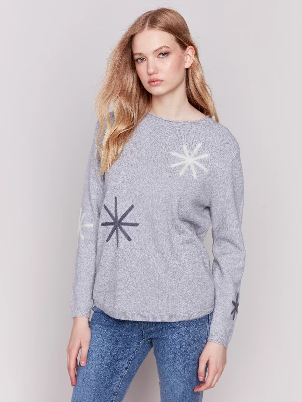 Short Sleeve Women's Cotton Blend Sweaters in Pastel ColorsEmbroidered Snowflake Sweater - Light Grey Short Sleeve Women's Cotton Blend Sweaters in Pastel ColorsEmbroidered Snowflake Sweater - Light Grey