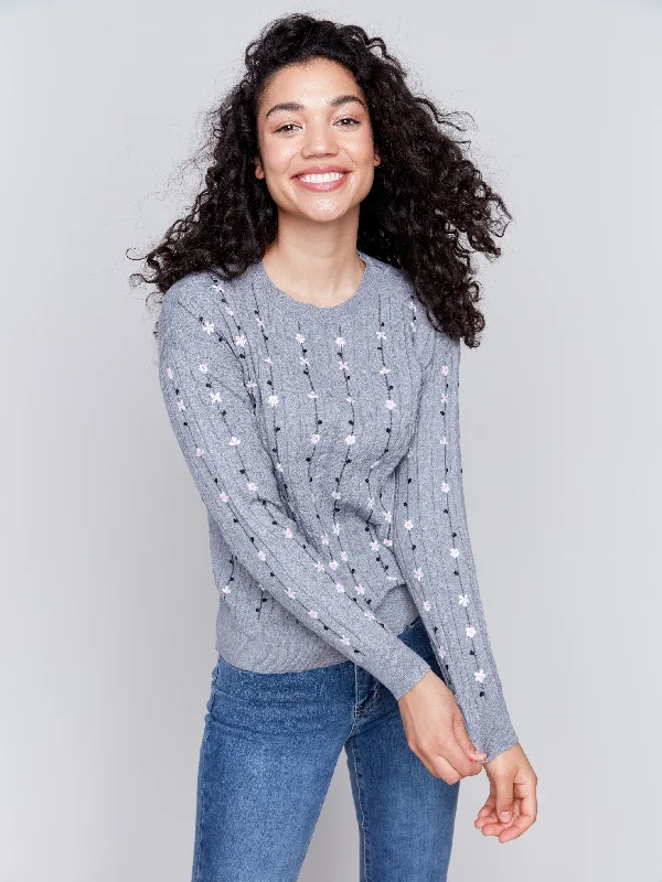 Hooded Women's Fleece - Lined Sweaters for WinterFloral Embroidery Knit Sweater - Grey Hooded Women's Fleece - Lined Sweaters for WinterFloral Embroidery Knit Sweater - Grey