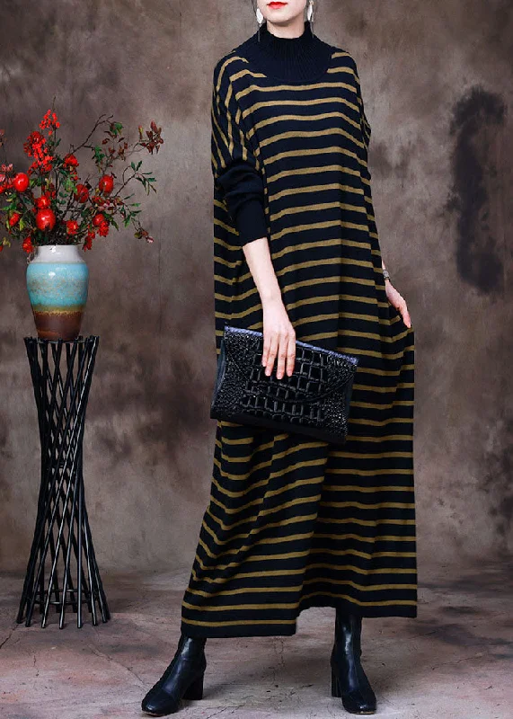 Empire Waist Women's Alpaca Wool Sweater Dresses in Earthy TonesFrench Black Yellow Striped Turtle Neck Knit Long Dress Batwing Sleeve Empire Waist Women's Alpaca Wool Sweater Dresses in Earthy TonesFrench Black Yellow Striped Turtle Neck Knit Long Dress Batwing Sleeve