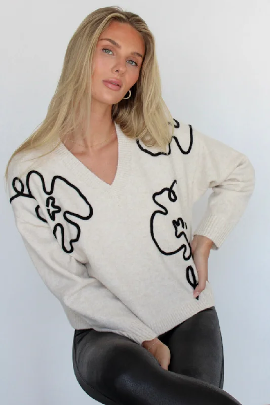 V - Neck Women's Ribbed Wool Sweaters for FallGabrielle Floral Embroidered Sweater