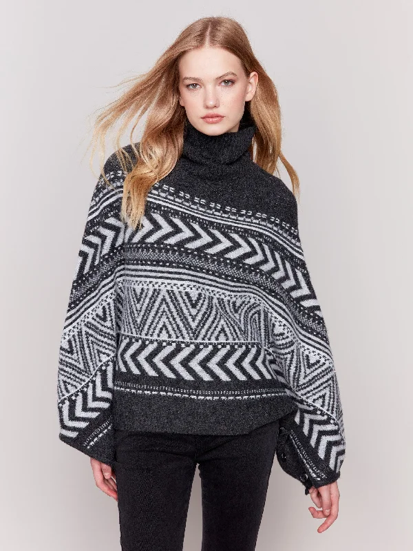 High - Low Hem Women's Cashmere - Blended SweatersGeometric Jacquard Poncho with Buttoned Sleeves - Charcoal High - Low Hem Women's Cashmere - Blended SweatersGeometric Jacquard Poncho with Buttoned Sleeves - Charcoal
