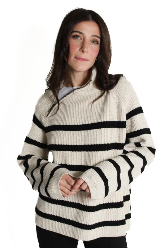 Plus Size Women's Belted Cable Knit SweatersGibi Sailor Neck Striped Sweater