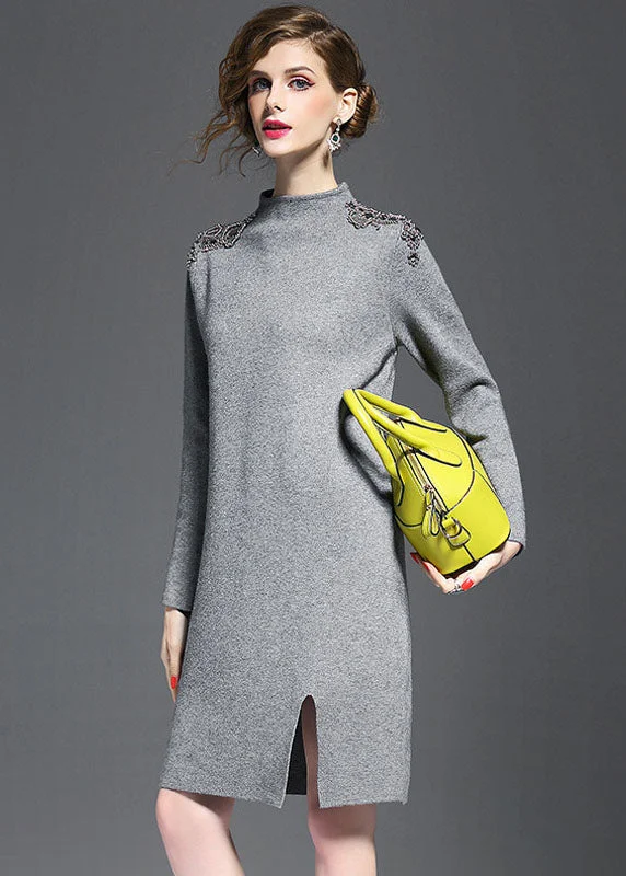 Midi - Length Women's Shetland Wool Sweater Dresses in Traditional PatternsGrey Knit Sweater Dress Turtle Neck Nail Bead Side Open Long Sleeve Midi - Length Women's Shetland Wool Sweater Dresses in Traditional PatternsGrey Knit Sweater Dress Turtle Neck Nail Bead Side Open Long Sleeve