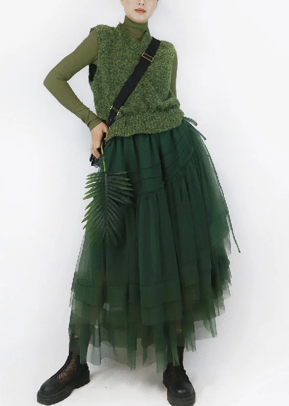 A - Line Women's Merino Wool Sweater Dresses in Classic StylesItalian Green V Neck Asymmetrical Tulle Patchwork Knit Long Dress Fall A - Line Women's Merino Wool Sweater Dresses in Classic StylesItalian Green V Neck Asymmetrical Tulle Patchwork Knit Long Dress Fall