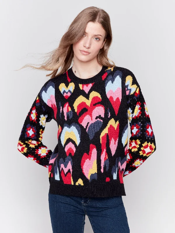 Bell - Sleeve Women's Mohair - Wool Blend SweatersJacquard Print Sweater with Crochet Sleeves - Black Bell - Sleeve Women's Mohair - Wool Blend SweatersJacquard Print Sweater with Crochet Sleeves - Black