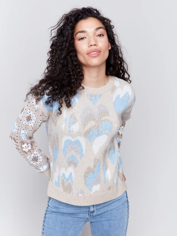 High - Low Hem Women's Cashmere - Blended SweatersJacquard Print Sweater with Crochet Sleeves - Ocean High - Low Hem Women's Cashmere - Blended SweatersJacquard Print Sweater with Crochet Sleeves - Ocean