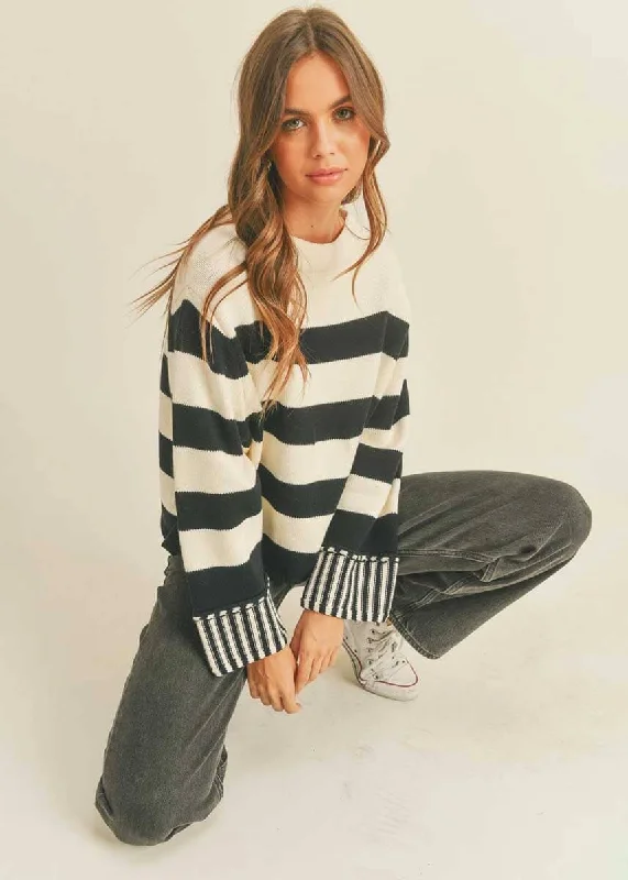 Plus Size Women's Oversized Chunky Knit SweatersMelrose Striped Sweater - Black & White Plus Size Women's Oversized Chunky Knit SweatersMelrose Striped Sweater - Black & White