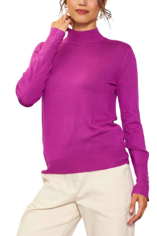 Sleeveless Women's Silk - Trimmed Sweaters for SummerMock Neck With Gold Button Sleeve Sweater In Magenta Sleeveless Women's Silk - Trimmed Sweaters for SummerMock Neck With Gold Button Sleeve Sweater In Magenta