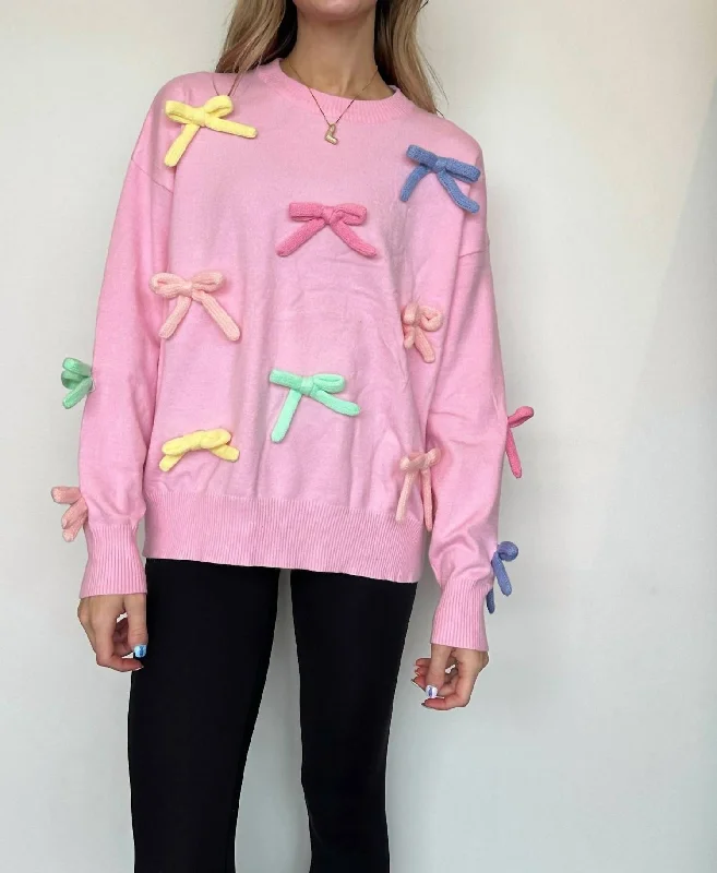 Hooded Women's Fleece - Lined Sweaters for WinterMulticolored Bow Detail Sweater In Light Pink Hooded Women's Fleece - Lined Sweaters for WinterMulticolored Bow Detail Sweater In Light Pink
