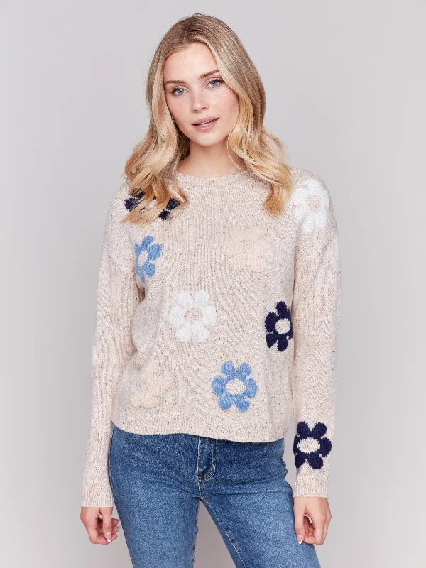 Women's Long Sleeve Turtleneck Cashmere SweatersNep Yarn Sweater with Flowers - Truffle Women's Long Sleeve Turtleneck Cashmere SweatersNep Yarn Sweater with Flowers - Truffle