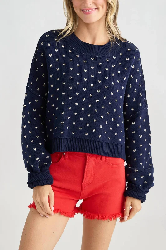 Short Sleeve Women's Cotton Blend Sweaters in Pastel ColorsPattern Easy Street Crop Sweater In Navy Short Sleeve Women's Cotton Blend Sweaters in Pastel ColorsPattern Easy Street Crop Sweater In Navy