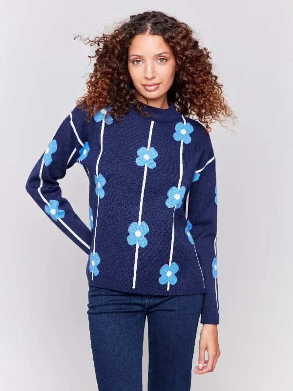 V - Neck Women's Ribbed Wool Sweaters for FallPlush Floral Print Sweater - Navy