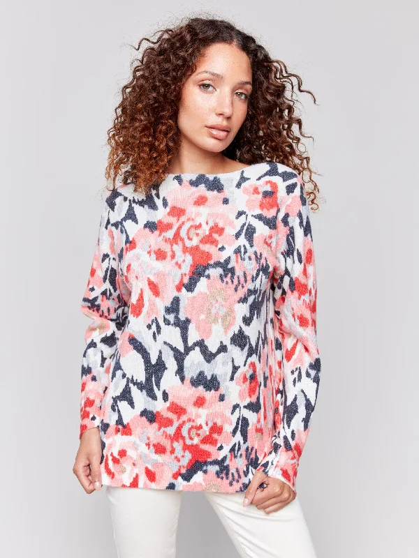 Plus Size Women's Ruffled Hem Sweaters in Floral PrintsReversible Printed Crew Neck Sweater - Cherry Plus Size Women's Ruffled Hem Sweaters in Floral PrintsReversible Printed Crew Neck Sweater - Cherry