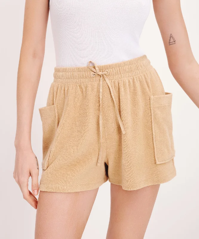 Striped Women T Shirt in a Classic PatternTowel Terry Patch Pocket Shorts - Sand Castle Striped Women T Shirt in a Classic PatternTowel Terry Patch Pocket Shorts - Sand Castle