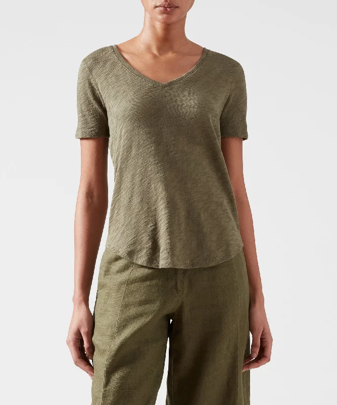 Crew Neck Women T Shirt with a Timeless DesignSlub Jersey Classic V-Neck Tee - Army