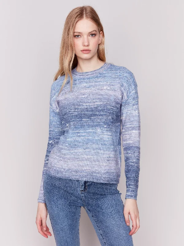 Women's Long Sleeve Turtleneck Cashmere SweatersSpace Dye Knit Sweater with Drop Shoulders - Blue Women's Long Sleeve Turtleneck Cashmere SweatersSpace Dye Knit Sweater with Drop Shoulders - Blue