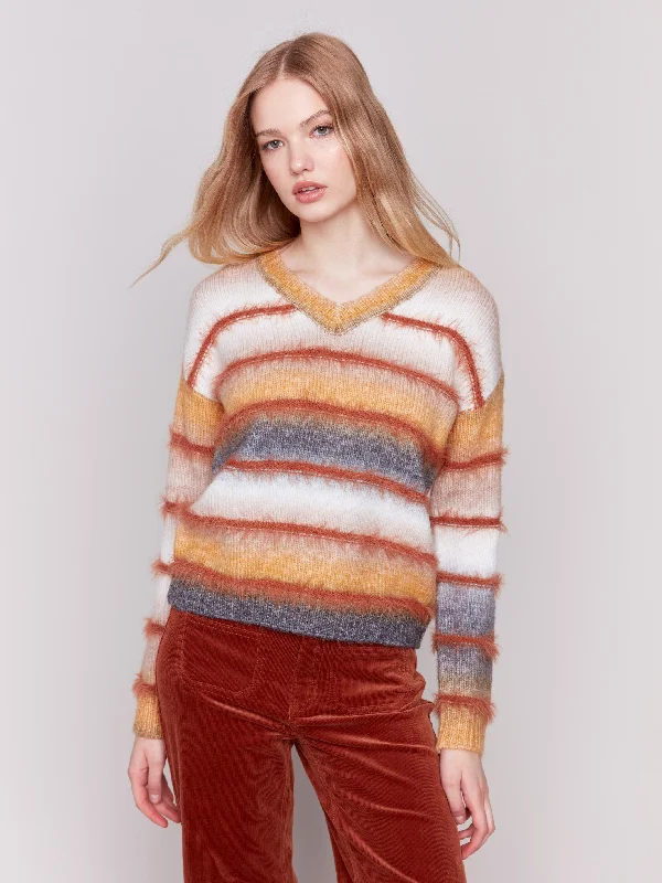 Plus Size Women's Oversized Chunky Knit SweatersSpace Dye Sweater with Striped Eyelash Yarn - Amber Plus Size Women's Oversized Chunky Knit SweatersSpace Dye Sweater with Striped Eyelash Yarn - Amber