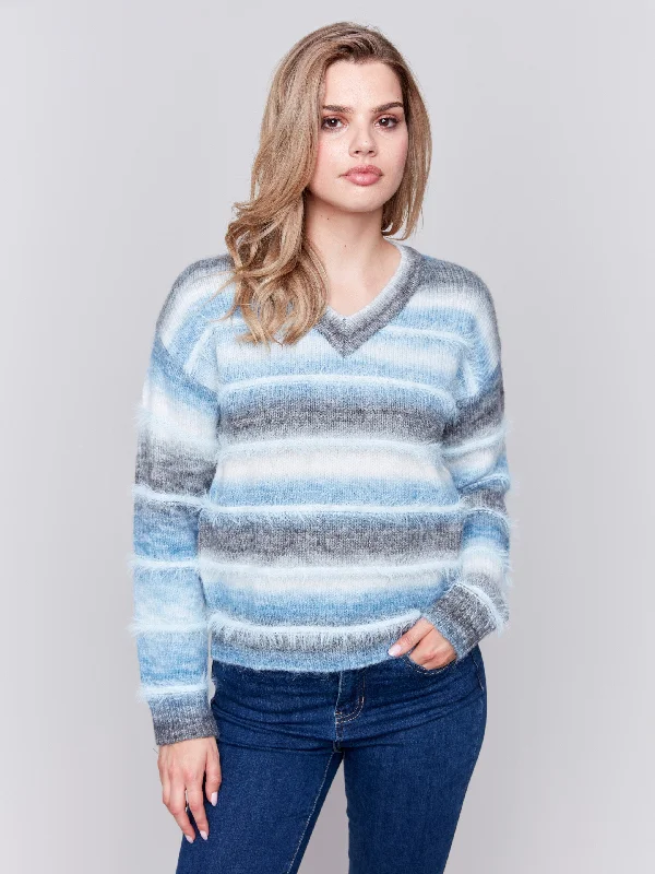 Hooded Women's Fleece - Lined Sweaters for WinterSpace Dye Sweater with Striped Eyelash Yarn - Frost Hooded Women's Fleece - Lined Sweaters for WinterSpace Dye Sweater with Striped Eyelash Yarn - Frost