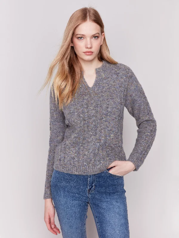 Short Sleeve Women's Cotton Blend Sweaters in Pastel ColorsSpeckled Yarn Cable Knit Sweater - Charcoal Short Sleeve Women's Cotton Blend Sweaters in Pastel ColorsSpeckled Yarn Cable Knit Sweater - Charcoal