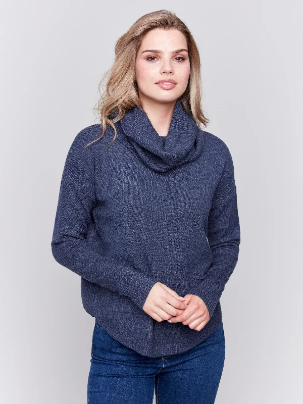 Button - Down Women's Shetland Wool Sweaters in Traditional PatternsSweater with Removable Scarf - Denim