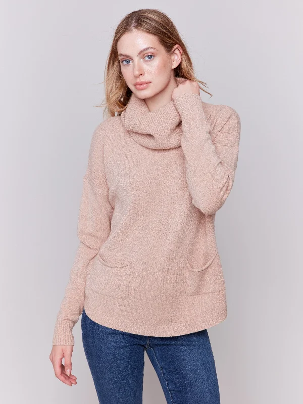 Plus Size Women's Side - Slit Sweaters in Bold SolidsSweater with Removable Scarf - Truffle Plus Size Women's Side - Slit Sweaters in Bold SolidsSweater with Removable Scarf - Truffle