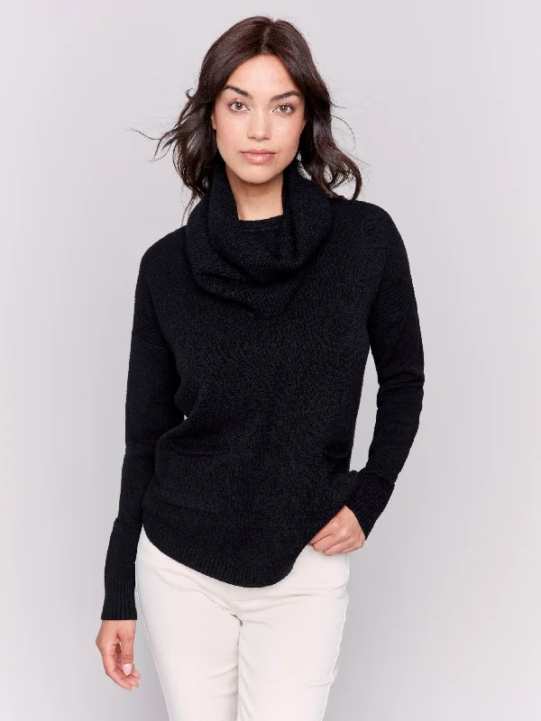 Split - Hem Women's Linen Blend Sweaters for SpringSweater with Removable Scarf - Black Split - Hem Women's Linen Blend Sweaters for SpringSweater with Removable Scarf - Black